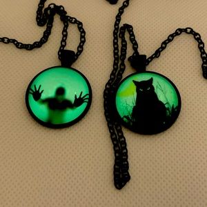 Black cat and zombie glow pendant set 2 pieces glow in dark great for fall